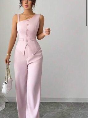 One-Shoulder Pink Asymmetric Button Jumpsuit